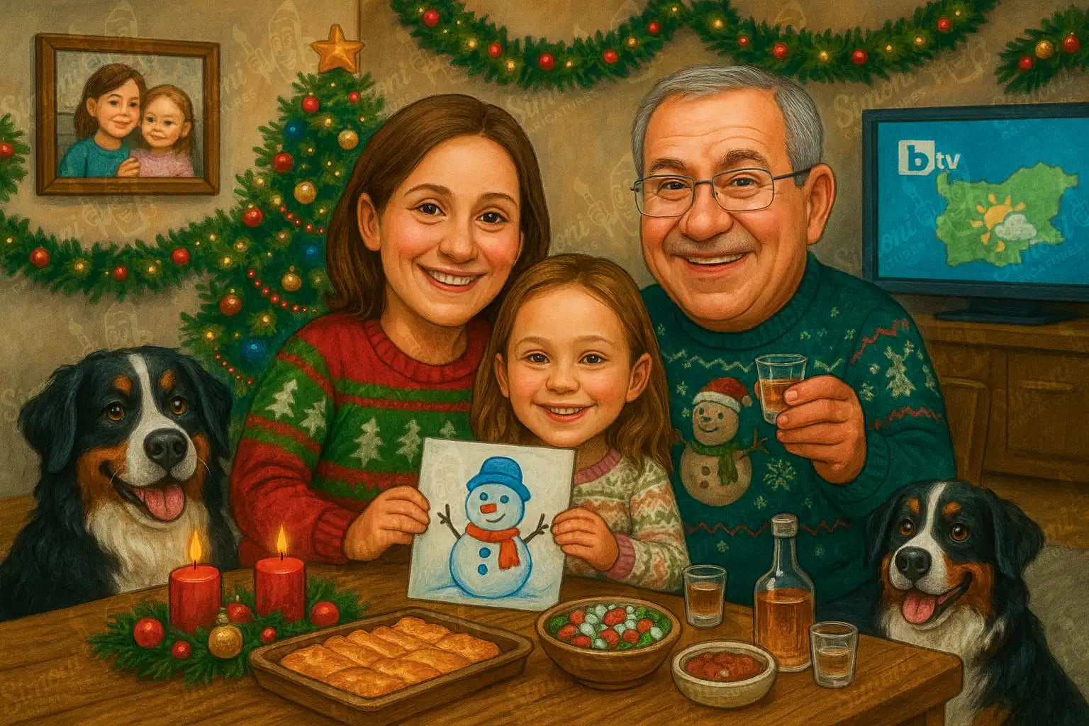 Карикатура на семейство с кучета около коледна маса, тематичен портрет и персонализиран подарък, Simoni Caricatures.